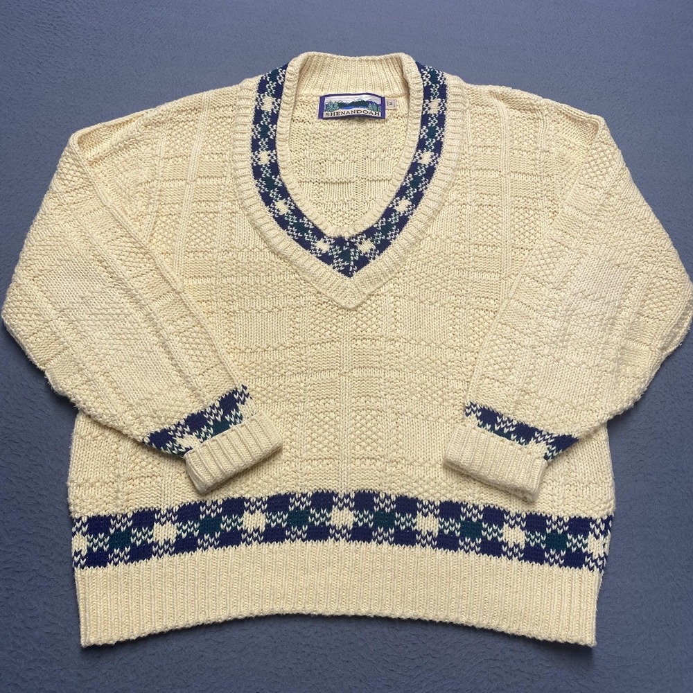 VTG SHENANDOAH Sweater Womens Medium Beige Fair‎ Isle V-Neck Chunky-Knit USA 90s